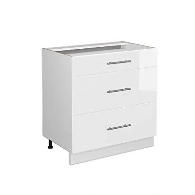 Imagen de Vicco Mueble bajo de Cocina Fame Line, Blanco Alto Brillo/Blanco, 80 cm con 3 cajones, sin encimera