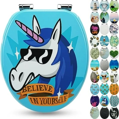 Imagen de Sanfino® Premium Tapa de WC con descenso automático asiento inodoro madera, muchos motivos coloridos y decorativos, cómodo, montaje fácil instrucciones incl. &quot;Funky Unicorn&quot;