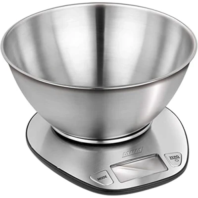 Imagen de MPM MWK 05M Báscula de Cocina Digital con Bol Removible Acero Inoxidable, Display LCD, Balanza Electrónica Alta Precisión Cuenco, Pesa Alimentos hasta 5 kg, Pasos 1g, Función Tara gr ml Oz Lb