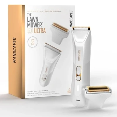 Imagen de MANSCAPED® Recortadora cuerpo y ingles The Lawn Mower® 5.0 ULTRA, Doble cabezal SkinSafe® para recortado afeitado, Resistente al agua, recargable por USB C, con funda, Afeitadora íntima, Blanco