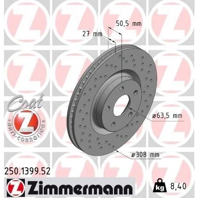 Imagen de ZIMMERMANN 250.1399.52 Disco de freno 308 27 5/5 5 108 ventilación interna, perforado revestido FORD: Focus Mk4 Hatchback, Berlina