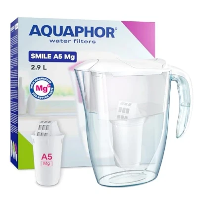 Imagen de AQUAPHOR Jarra Filtrante Smile 2.9L, Ideal para Puertas de Nevera, Ligera y Compacta, Incluye Filtro A5 350L con Magnesio, Reduce Cal, Cloro Microplásticos Blanca.