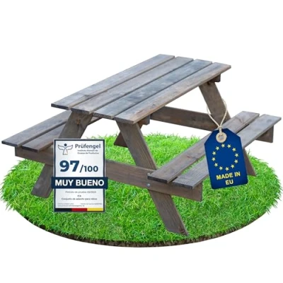 Imagen de ITA Mesa de Picnic Infantil Madera con 2 Bancos para niños Uso en Interiores y Exteriores Calidad Directa del Fabricante Gris