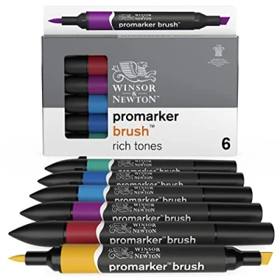 Imagen de Winsor &amp; Newton Promarker Brush Set de 6 Rotuladores Doble Punta, Punta Pincel, Tinta Base Alcohol, Tonos intensos