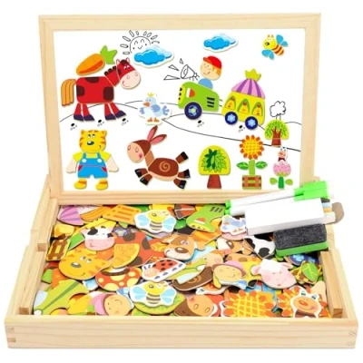 Imagen de COOLJOY Puzzles de Madera, Juguete Educativo con Pizarra Magnética para Dibujo Doble Cara, Rompecabezas NIños 3 4 5 Años (Animales en La Granja)