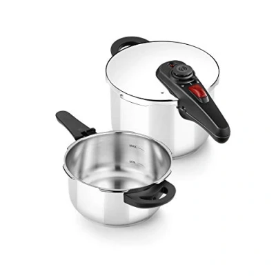 Imagen de BRA A185805 Allure Set dúo de ollas a presión rápida 4+6 litros, Acero Inoxidable, Apta para Todo Tipo cocinas, Incluido inducción, 18/10, metálico