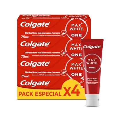 Imagen de Colgate Max White One Pasta de Dientes Blanqueadora, Pack 4 Uds x 75ml, Dentífrico Blanqueador, 1 Tono Más Blancos en Semana, Elimina Manchas Superficiales