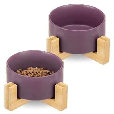 Imagen de Navaris Comederos para Perros elevados 2X Comedero de cerámica Perro y gatos Cachorros Platos con Soporte Antideslizante bambú Morado