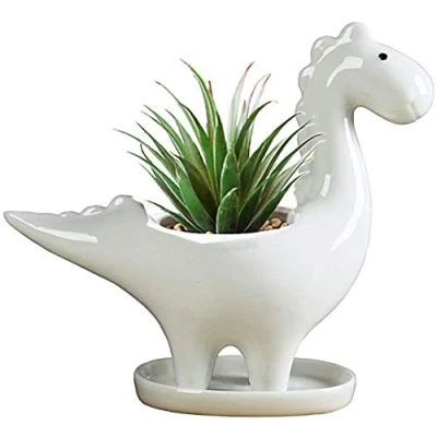 Imagen de KiaoTime macetas suculentas de cerámica Blanca con Forma Dinosaurio, pequeñas Flores, bonsái, jarrón, contenedor Cactus Escritorio(herbívoro)