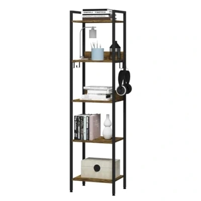 Imagen de WOLTU Escalera Estantería Negra de Estilo Industrial, Almacenaje Madera y Metal con 4 Ganchos Extraíbles, Librería 5 Niveles para Salón, 40x30x152,5cm RGB932hov