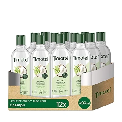 Imagen de TIMOTEI Champú Hidratante Para Cabello Fino y Seco Leche de Coco Aloe Vera con Limpiadores Origen Vegetal, 95% Natural, sin Siliconas 400 ml Pack 12