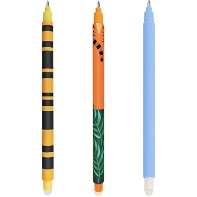 Imagen de Juego de bolígrafos gel borrables con tinta borrado termosensible, y diseños barril, punta 0,7 mm, animales (Abeja, tigre, elefante)