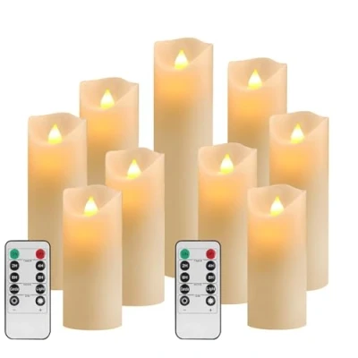 Imagen de YIWER LED Velas sin Llama Φ 2.2 xH 4&quot;/5&quot;/6&quot;/7&quot;/8&quot;/9&quot; Juego de 9 Pilas Cera Real no plástico 10 Teclas con 2/4/6/8 Horas Función del Temporizador 300 (9x1,Marfil)
