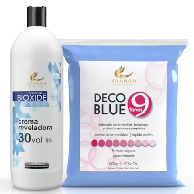 Imagen de Pack Oxigenada en Crema 30 vol 1000ml + Polvos Decolorantes de Cabello Azul 9 tonos 500gr Superaclarante Xhanon ProfessionaL