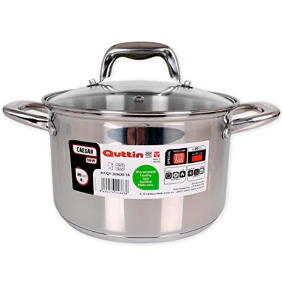 Imagen de Quttin Olla Profesional New Caesar de Inducción para Cocina y Horno Cacerola Pequeña Acero Inoxidable Antiadherente con Tapa Cristal Asas 20 cm/2,5 L Apta Todo Tipo Cocinas
