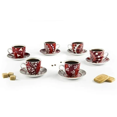 Imagen de Excelsa Mandala Red Juego de 6 Tazas café con platillo, Porcelana