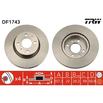 Imagen de TRW DF1743 Disco de freno 257,5 22 4 98 ventilado barnizado LANCIA: Thema Berlina, ALFA ROMEO: 164