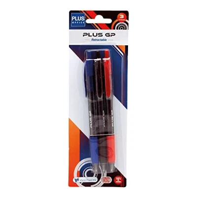 Imagen de Plus Office Bolígrafos GP Pack de 3 Retráctil, Tinta ultra Suave, Óptimo para uso oficina, casa y escolar, Colores Surtidos Trazo 0,7 mm (3 bolígrafos)