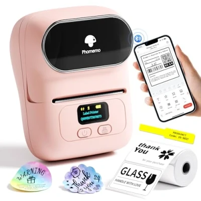 Imagen de Phomemo M110 Impresora de Etiquetas Mini Fabricante Bluetooth Códigos Barras Térmicas, Portátil, Adecuada para Ropa, Rosa