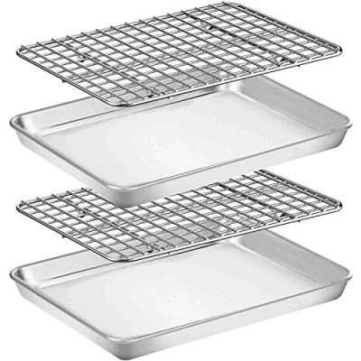 Imagen de Umiten Juego de bandeja para hornear y estante [2 hojas + 2 estantes], galletas acero inoxidable con refrigeración, no tóxica, resistente fácil limpiar (9 x 7 1 pulgadas)