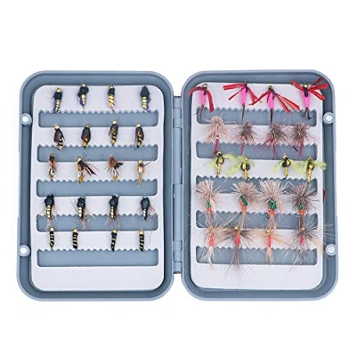 Imagen de ANCLLO Kit de 40 moscas pesca con mosca caja, secas y húmedas, ninfas, serpentinas para lubina, salmón, trucha,