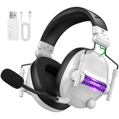 Imagen de WESEARY WG2 Cascos Gaming Inalambricos, Auriculares Inalambricos de 2.4G para PS5, PS4, PC, Switch, Sonido Estéreo con Microfono, Luz LED, Duración 50Hr+