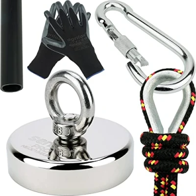 Imagen de Kit SENSEI 200 kg, Imán de Neodimio N52 con Gancho, Ø7 x H1,8 cm, Cuerda Vela 25 m, Guantes Protección + Accesorios, Set Exploración y Pesca