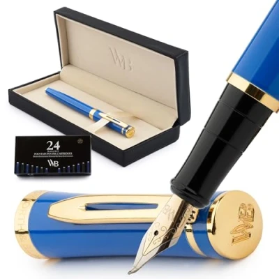 Imagen de Wordsworth &amp; Black Juego de Pluma Estilográfica, Punta Curva, Incluye 24 Cartuchos Tinta, Convertidor Recarga Tinta y Caja Regalo[Azul imperial] Perfecto para Hombres Mujeres