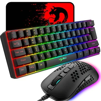 Imagen de 60% Teclado compacto para juegos con cable 61 teclas 11 efectos de luz fondo RGB completas Anti ghosting + mouse Gamng liviano Ratón nido abeja alfombrilla