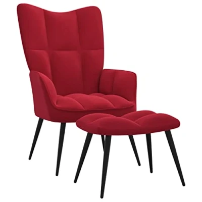 Imagen de vidaXL Silla de Relajación con Reposapiés Taburete Asiento Sillón Salón Sala Estar Estudio Escritorio Oficina Muebles Terciopelo Rojo Tinto