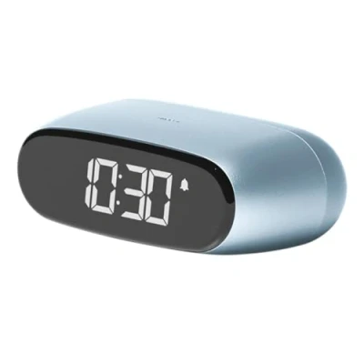 Imagen de Lexon MINUT Mini Despertador Compacto con Pantalla VA LCD Pure Black, Control táctil, función Snooze y retroiluminación, batería Recargable, Acabado de Aluminio Azul Claro