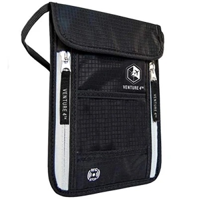 Imagen de Venture4th Portadocumentos de Cuello Cartera Viaje Anti Robo para Mujeres, Hombres y Niños, con Tecnología RFID Viajar Total Seguridad (Negro)