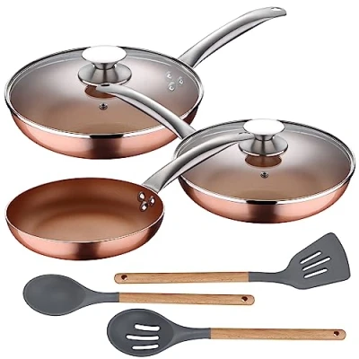 Imagen de Set 5pc sartenes (con tapa) aluminio prensado inducción con 3pc utensilios de cocina silicona madera
