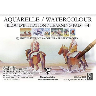 Imagen de Clairefontaine 975148C Bloc Collé Aquarelle Prédessiné n4 12 Feuilles Papier Blanc Grain Fin 6 Prédessinées et Vierges A4 21x29,7 cm 300g