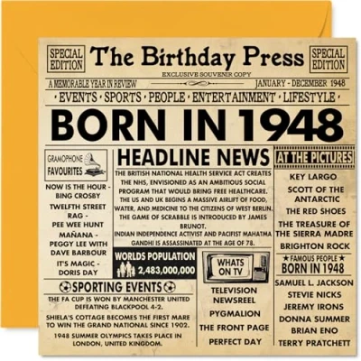 Imagen de Tarjetas de cumpleaños número 76 para hombres y mujeres Born In 1948 Newspaper Tarjeta feliz abuelo, abuela, vintage, retro en 1948, 145 mm x mm,