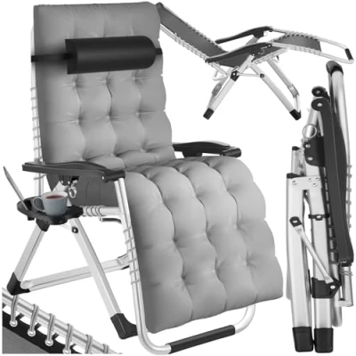 Imagen de TecTake® Silla Tumbona Plegable para Playa y Jardín, Cojín Cabezal Extraíble, Estructura de Acero Durable, Mesa Auxiliar, Ideal como Camping Picnic, Exterior Terraza Gris Claro