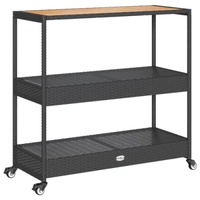 Imagen de vidaXL Carrito de Bar 3 Niveles ratán PE y Madera Maciza Acacia Negro, Carro Camarera, Cocina, Bar, Bebida