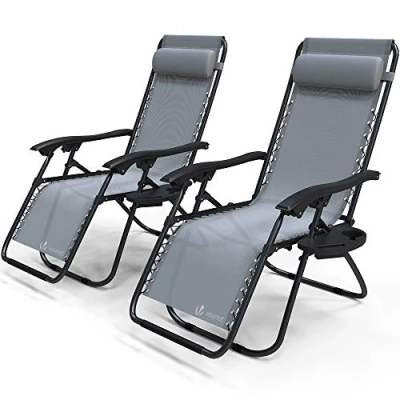 Imagen de VOUNOT Set de 2 Tumbona Plegable Multiposicione Jardín, Silla Gravedad Cero Reclinable, con Soporte para Bebidas y Reposacabezas Axtraíble, Carga máxima 120kg, Gris