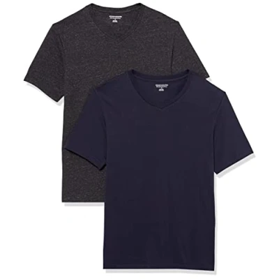 Imagen de Amazon Essentials Camisetas de manga corta con cuello pico y corte ajustado Hombre, Pack 2, Azul Marino/Carbón Mezcla, XS