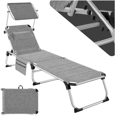 Imagen de tectake® Tumbona Jardín Exterior de Aluminio, Plegable con Reposacabezas, Parasol y Bolsillo Lateral, Playa Reclinable 6 Posiciones, Piscina Resistente a Intemperie Gris jasp.