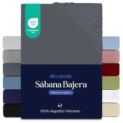 Imagen de Dreamzie Sabanas 80x200 cm, Sabana Bajera Premium para Colchones de hasta 12 cm Altura, 100% Algodon 150 g/m² Gris Oscuro Certificada sin Productos Químicos (Oeko Tex)