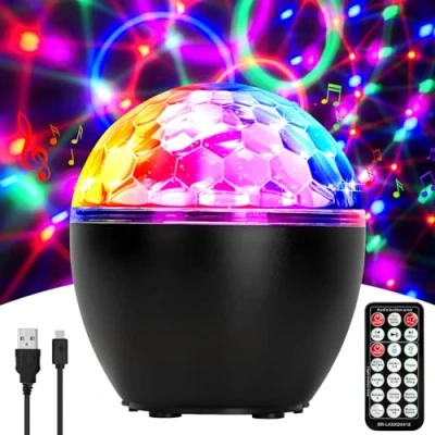 Imagen de ENONEO Luces Discoteca 16 Colores Bola con Cable USB LED Giratoria Luz de Fiesta Escenario Bluetooth Control Remoto para Cumpleaños Bar Navidad Bodas (Black)