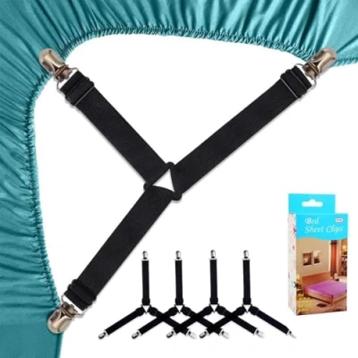 Imagen de Felly 4 Piezas Sujetadores para Sábanas Ajustables Elásticos Correas Cama Clips Sábana Bajera Fundas de Colchón Sofá (Negro)
