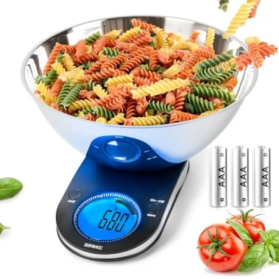 Imagen de Duronic KS5000 Báscula Digital para Cocina Balanza Electrónica Pantalla LCD Capacidad 1 g / 5 kg Bol de Acero Inoxidable Removible 24,5 cm Y Función Tara con precisión