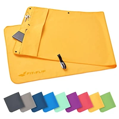 Imagen de Fit Flip Juego de Toallas Fitness con Compartimento Cremallera + Clip magnético, Toalla Multi Funcional Pendiente Patente, Microfibra Amarillo