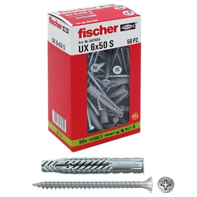 Imagen de Fischer 542455 tacos con tornillo UX, Gris, 6 x 50 mm, juego de piezas