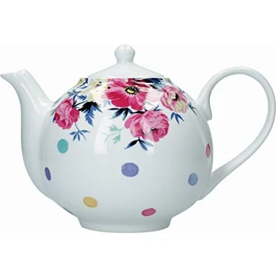 Imagen de Mikasa Clovelly Tetera blanca con lunares multicolor y diseño floral, porcelana, 1 litro, color blanco