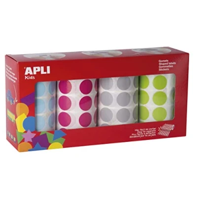 Imagen de APLI Kids 17685 Pack rollos de gomets redondos Ø 20 mm Azul claro/Fucsia/Gris/Verde claro 4 uds.