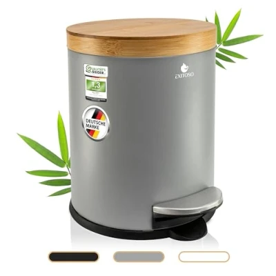 Imagen de Exitoso cubo de basura para baño 5 litros, color gris, con tapa madera bambú y dispositivo descenso automático, almohadilla antideslizante, acero inoxidable