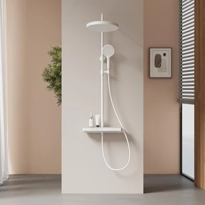 Imagen de EMKE Columna de Ducha Termostática, Mano con 3 Modos Chorro, Placa Termostática 40 cm, Blanco Mate,Altura Adjustable 855 1155mm,Ducha Lluvia,temperatura constante en 38C